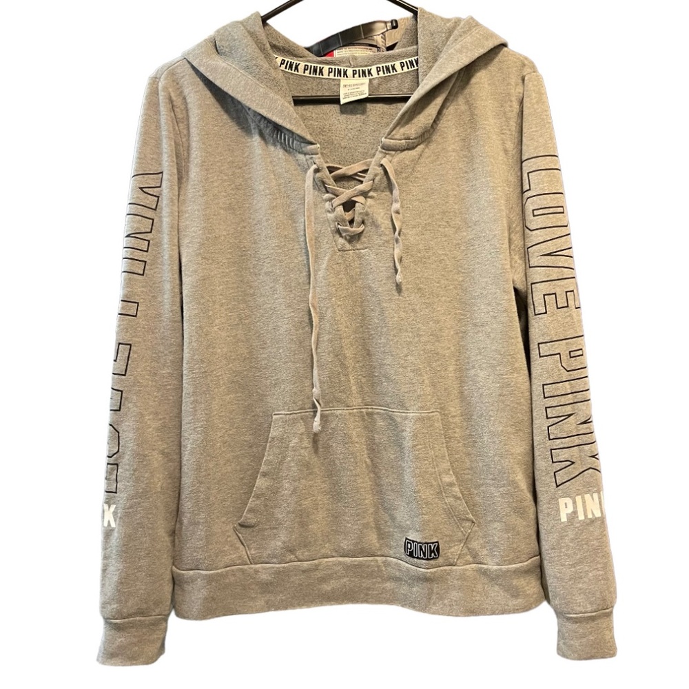 Victoria secret pink hoodie tie up sweatshirt medium gray